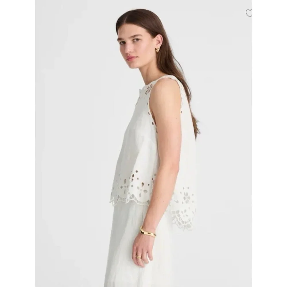 Madewell $118 Women's Embroidered Eyelet High-Low Tank White Salt Linen XS NV191 - Picture 3 of 15